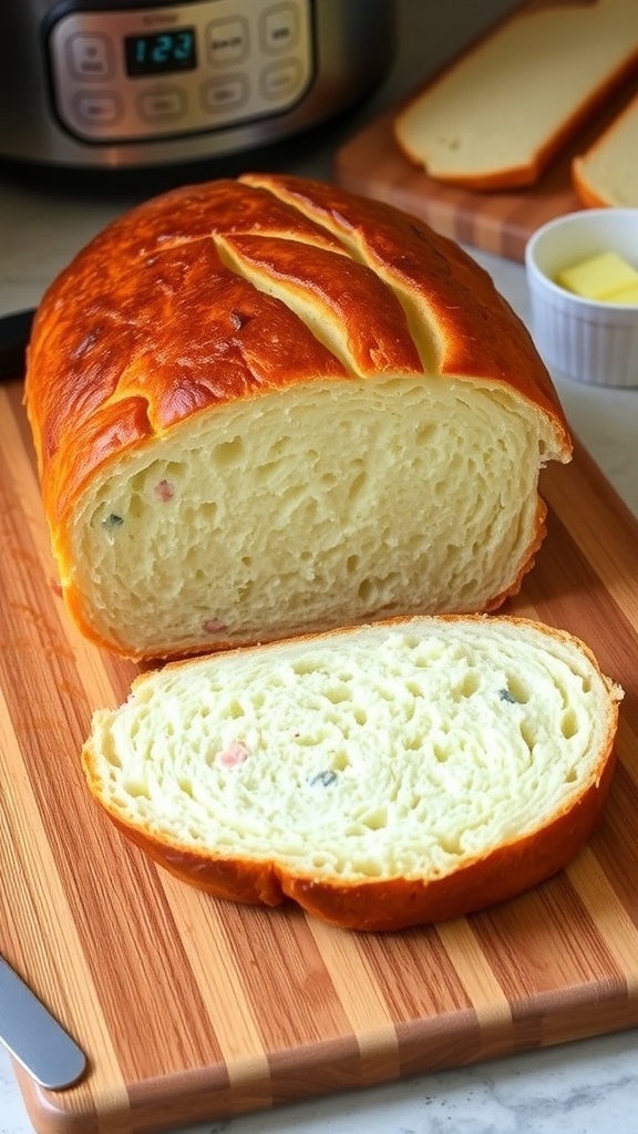 Classic Bread Machine Recipe for a 2lb Loaf A golden crusted 2lb loaf of bread sliced on a cutting board with butter.